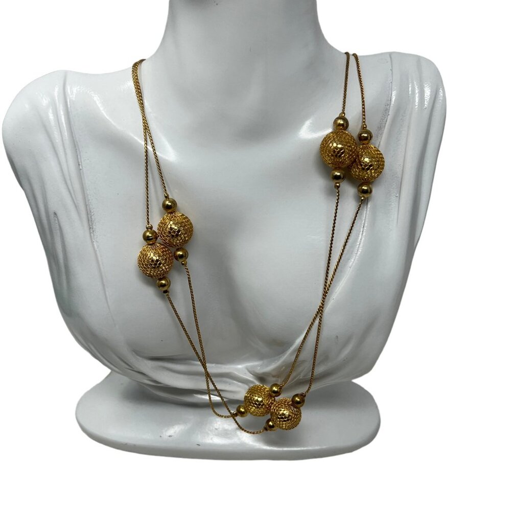Statement‎ Necklace Gold Tone Chain with Gold Mirror Ball Beaded Stations